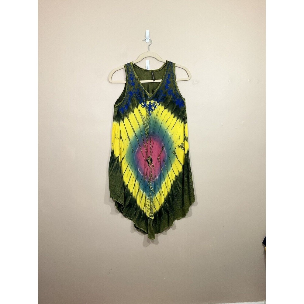 Womens Tie Dye Maxi Dress O/S Green Yellow Boho Hippie Festival Embroidered